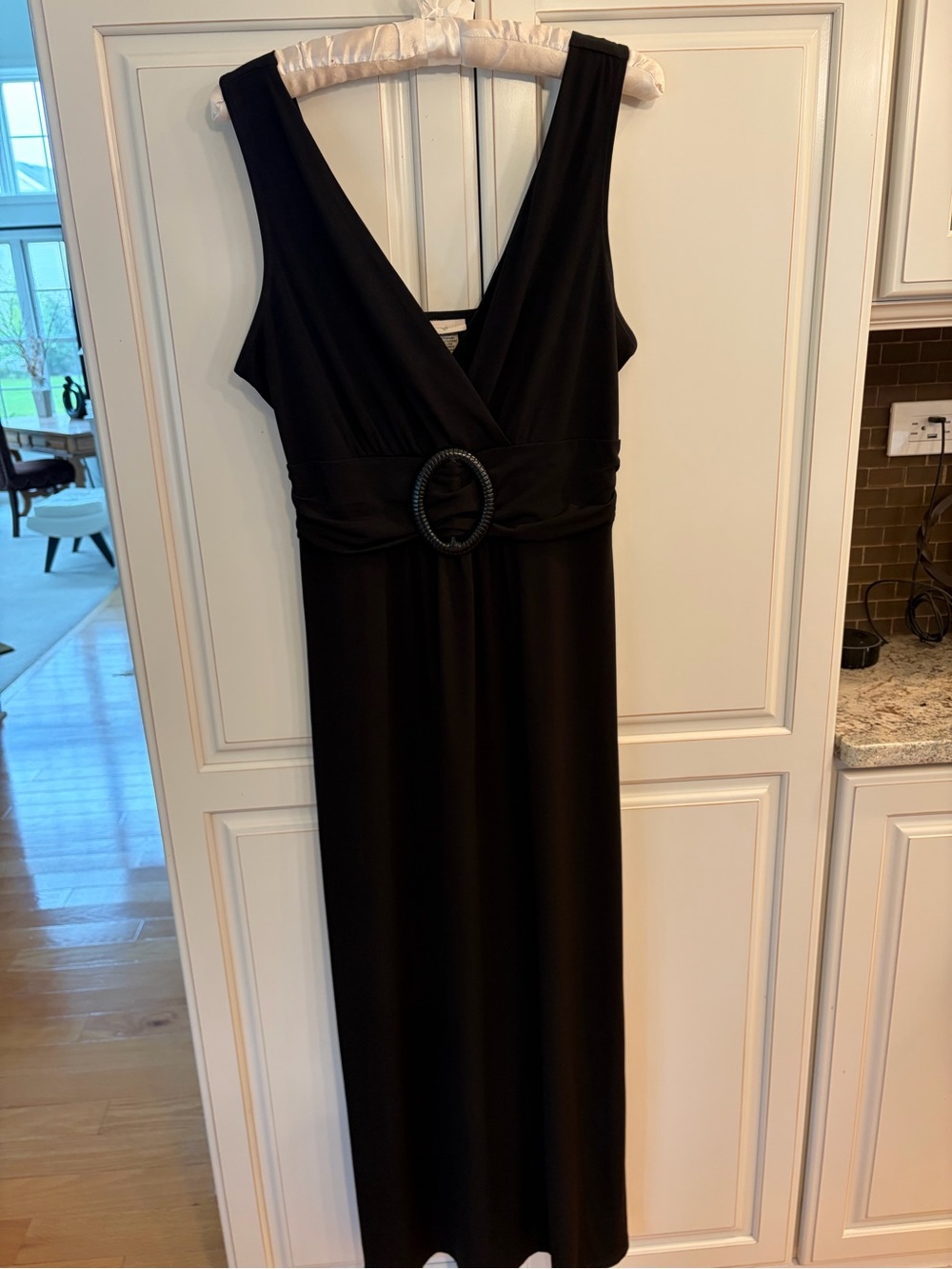 Jaclyn Smith Black V-Neck Maxi Dress with Decorative Waist Ring